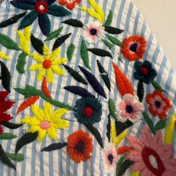 Song of Style Blue White Seersucker Stripe Floral Embroidery Mini Dress Small - Picture 3 of 9